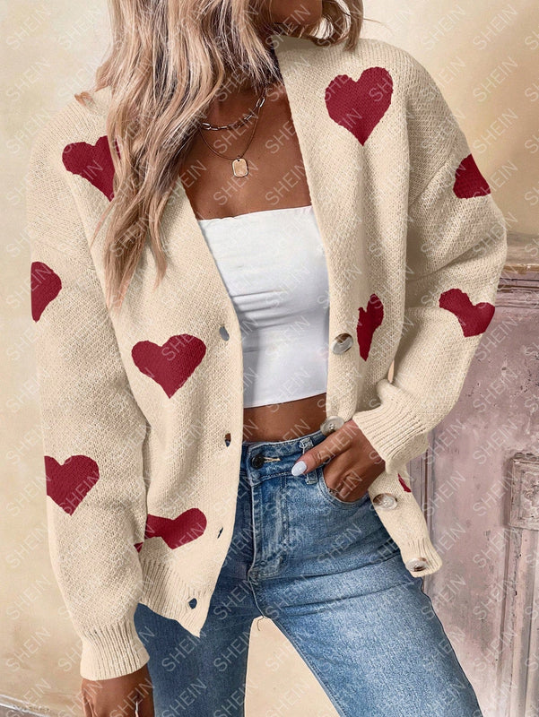 Essnce cardigan informal holgado monobotonadura de manga larga con caida en los hombros y estampado de corazon para mujer, otono/invierno