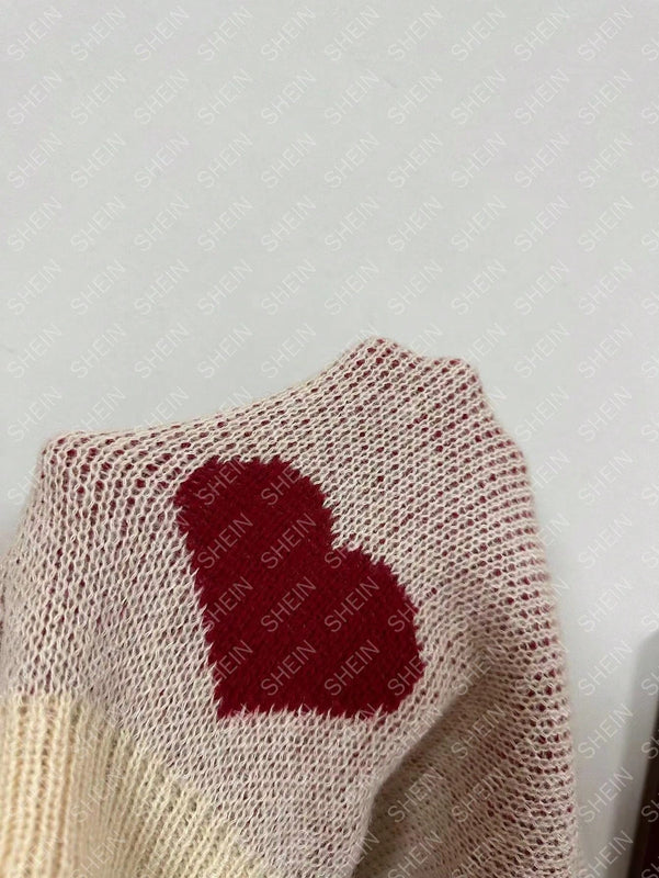 Essnce cardigan informal holgado monobotonadura de manga larga con caida en los hombros y estampado de corazon para mujer, otono/invierno