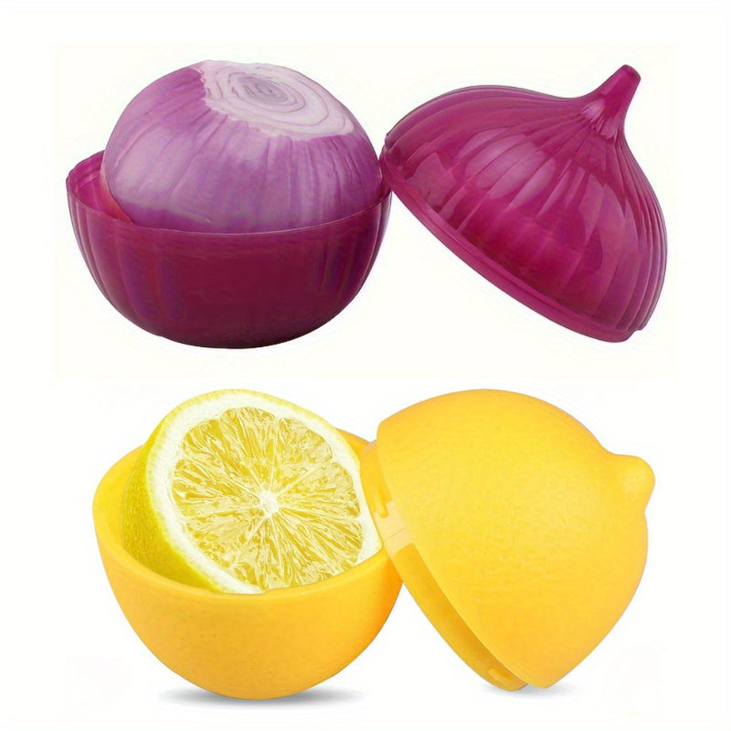 2 piezas Conjunto de conservadores de alimentos de plástico, en forma de limón y cebolla, multiusos, seguros para congelador, con tapa abatible, lavado a mano, sin necesidad de electricidad, con cajas de conservación de frutas y verduras, para cocina