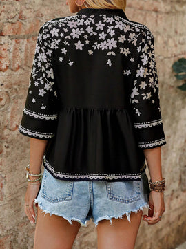 Blusa holgada con estampado floral, cuello en V, ajuste delantero y mangas acampanadas, para vacaciones de verano