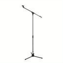Soporte de Micrófono Tripé Ajustable con Brazo Largo - Agarre Seguro para Cantar, Karaoke, Escenario y Eventos al Aire Libre - Metal Plateado/Negro