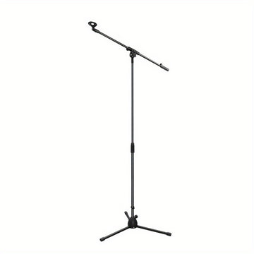 Soporte de Micrófono Tripé Ajustable con Brazo Largo - Agarre Seguro para Cantar, Karaoke, Escenario y Eventos al Aire Libre - Metal Plateado/Negro