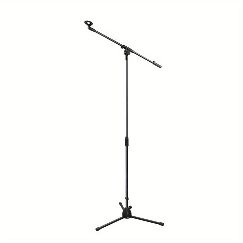 Soporte de Micrófono Tripé Ajustable con Brazo Largo - Agarre Seguro para Cantar, Karaoke, Escenario y Eventos al Aire Libre - Metal Plateado/Negro