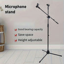 Soporte de Micrófono Tripé Ajustable con Brazo Largo - Agarre Seguro para Cantar, Karaoke, Escenario y Eventos al Aire Libre - Metal Plateado/Negro