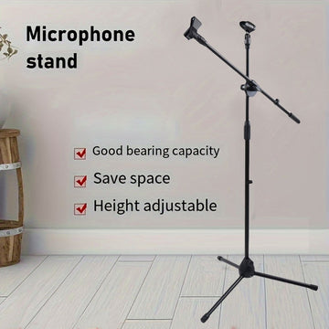 Soporte de Micrófono Tripé Ajustable con Brazo Largo - Agarre Seguro para Cantar, Karaoke, Escenario y Eventos al Aire Libre - Metal Plateado/Negro