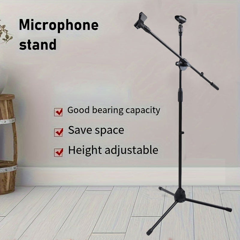 Soporte de Micrófono Tripé Ajustable con Brazo Largo - Agarre Seguro para Cantar, Karaoke, Escenario y Eventos al Aire Libre - Metal Plateado/Negro