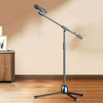Soporte de Micrófono Tripé Ajustable con Brazo Largo - Agarre Seguro para Cantar, Karaoke, Escenario y Eventos al Aire Libre - Metal Plateado/Negro