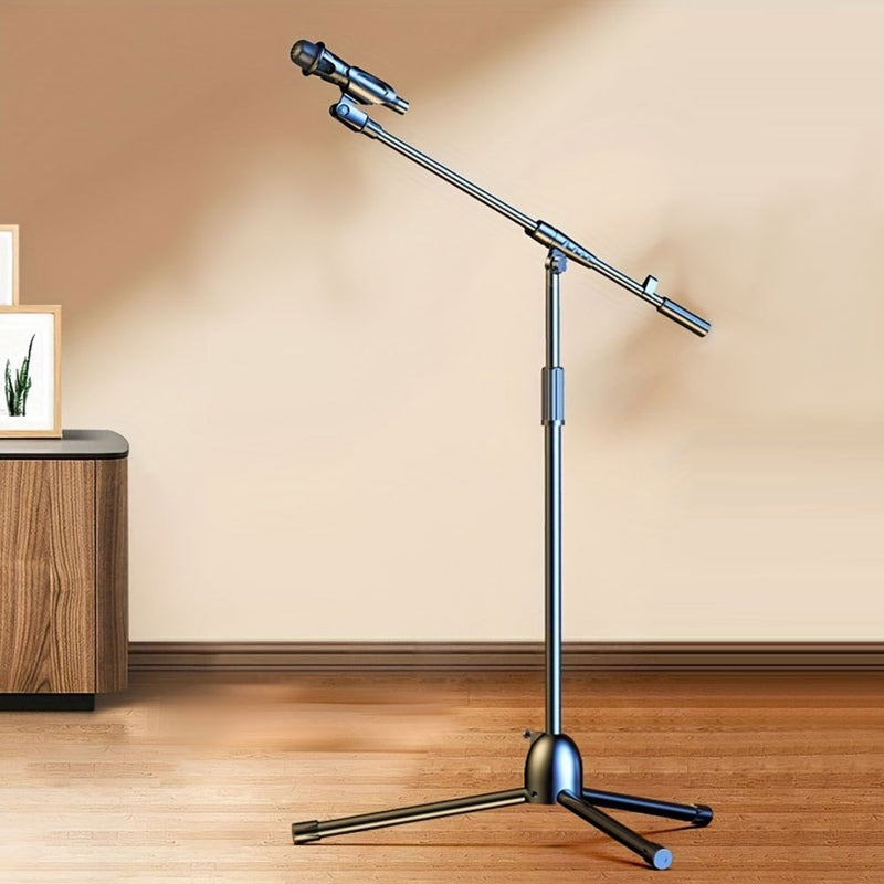 Soporte de Micrófono Tripé Ajustable con Brazo Largo - Agarre Seguro para Cantar, Karaoke, Escenario y Eventos al Aire Libre - Metal Plateado/Negro