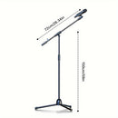 Soporte de Micrófono Tripé Ajustable con Brazo Largo - Agarre Seguro para Cantar, Karaoke, Escenario y Eventos al Aire Libre - Metal Plateado/Negro