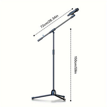 Soporte de Micrófono Tripé Ajustable con Brazo Largo - Agarre Seguro para Cantar, Karaoke, Escenario y Eventos al Aire Libre - Metal Plateado/Negro