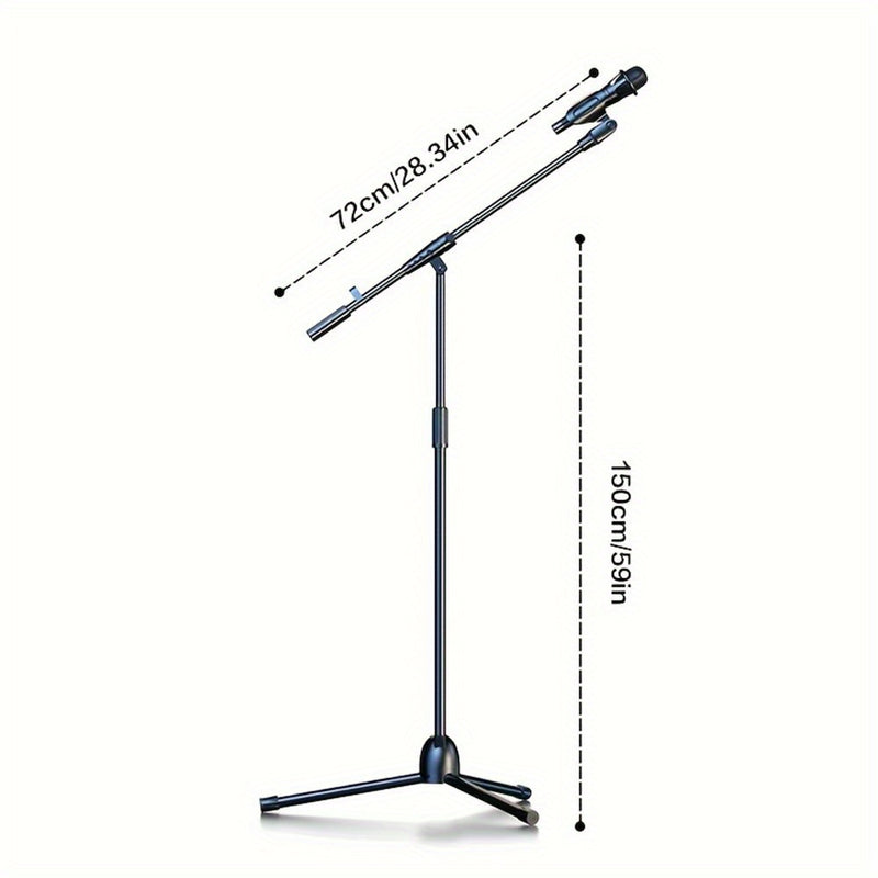 Soporte de Micrófono Tripé Ajustable con Brazo Largo - Agarre Seguro para Cantar, Karaoke, Escenario y Eventos al Aire Libre - Metal Plateado/Negro