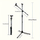 Soporte de Micrófono Tripé Ajustable con Brazo Largo - Agarre Seguro para Cantar, Karaoke, Escenario y Eventos al Aire Libre - Metal Plateado/Negro