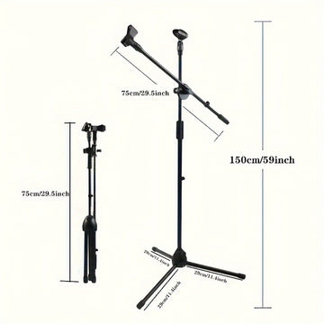 Soporte de Micrófono Tripé Ajustable con Brazo Largo - Agarre Seguro para Cantar, Karaoke, Escenario y Eventos al Aire Libre - Metal Plateado/Negro