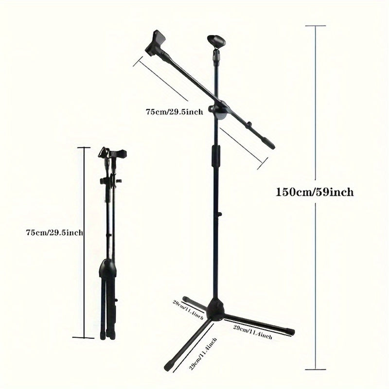 Soporte de Micrófono Tripé Ajustable con Brazo Largo - Agarre Seguro para Cantar, Karaoke, Escenario y Eventos al Aire Libre - Metal Plateado/Negro