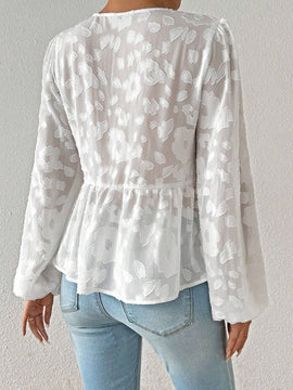 Camisa casual de unicolor con mangas farol y aberturas para mujer, apto para primavera/verano
