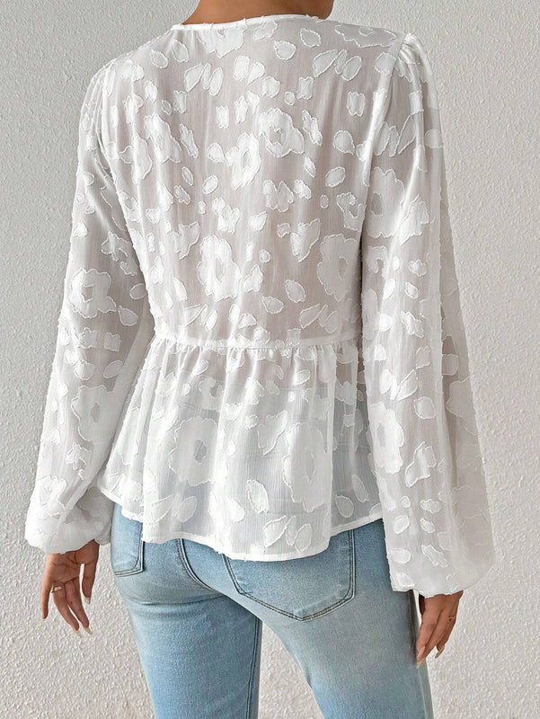 Camisa casual de unicolor con mangas farol y aberturas para mujer, apto para primavera/verano