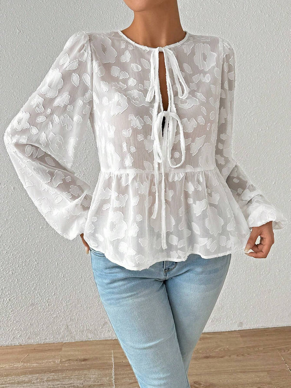 Camisa casual de unicolor con mangas farol y aberturas para mujer, apto para primavera/verano