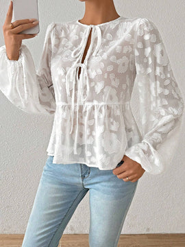 Camisa casual de unicolor con mangas farol y aberturas para mujer, apto para primavera/verano