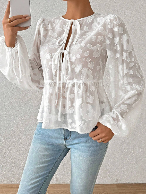 Camisa casual de unicolor con mangas farol y aberturas para mujer, apto para primavera/verano