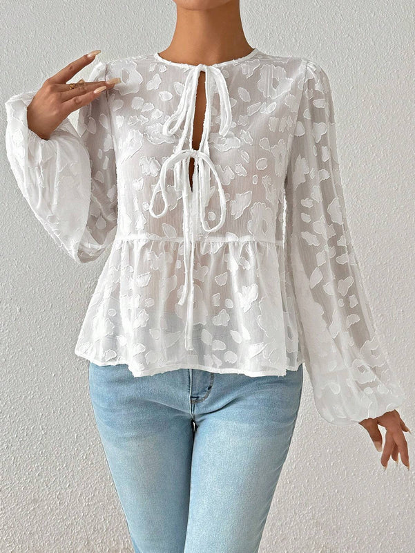 Camisa casual de unicolor con mangas farol y aberturas para mujer, apto para primavera/verano