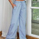 Pantalones rectos con cintura elastica con rayas azules para mujeres