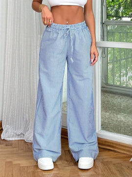 Pantalones rectos con cintura elastica con rayas azules para mujeres