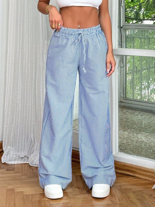 Pantalones rectos con cintura elastica con rayas azules para mujeres