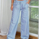 Pantalones rectos con cintura elastica con rayas azules para mujeres