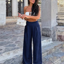Pantalones casuales anchos de pierna ancha con cintura alta y pliegues para mujeres