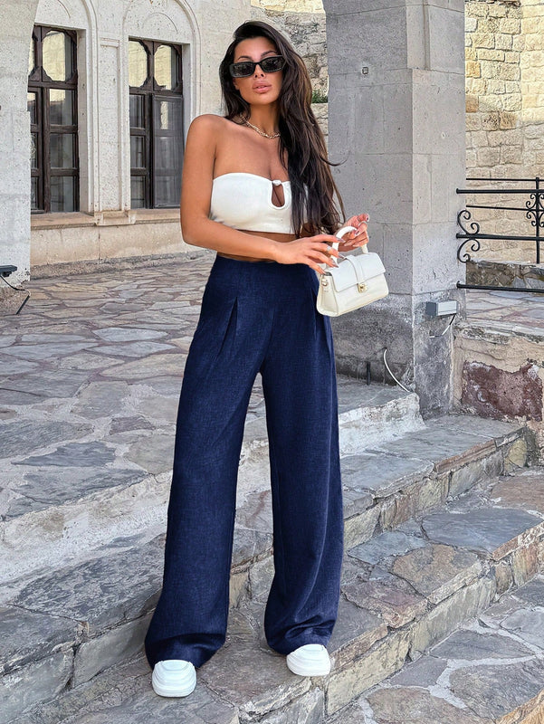 Pantalones casuales anchos de pierna ancha con cintura alta y pliegues para mujeres