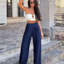 Pantalones casuales anchos de pierna ancha con cintura alta y pliegues para mujeres
