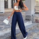 Pantalones anchos de lino solido para mujer