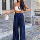 Pantalones anchos de lino solido para mujer