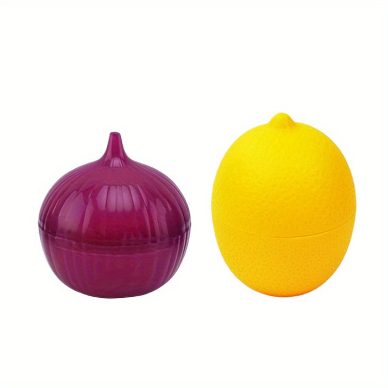 2 piezas Conjunto de conservadores de alimentos de plástico, en forma de limón y cebolla, multiusos, seguros para congelador, con tapa abatible, lavado a mano, sin necesidad de electricidad, con cajas de conservación de frutas y verduras, para cocina