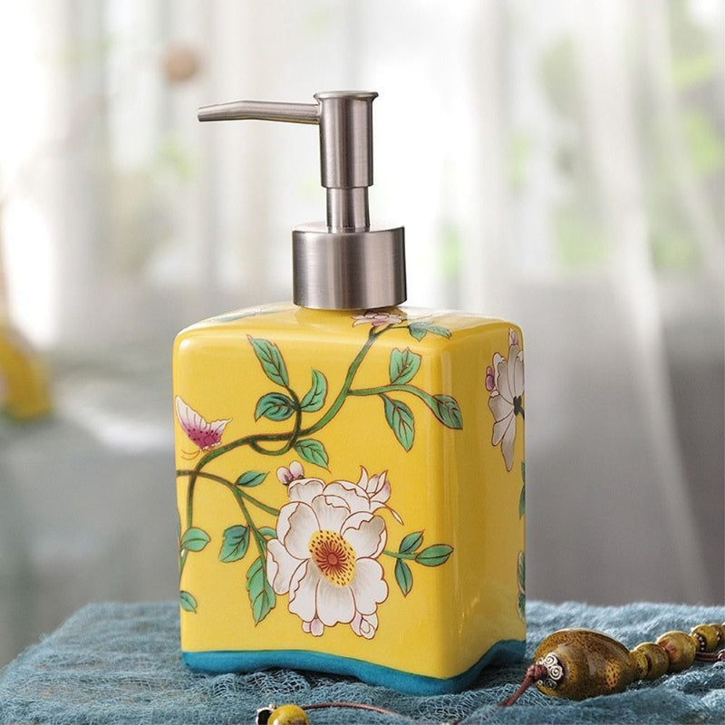 Dispensador de jabón vintage, práctico y recargable, estilo chino, contenedor de champú, porcelana floral, botella de jabón de cerámica antideslizante para el hogar
