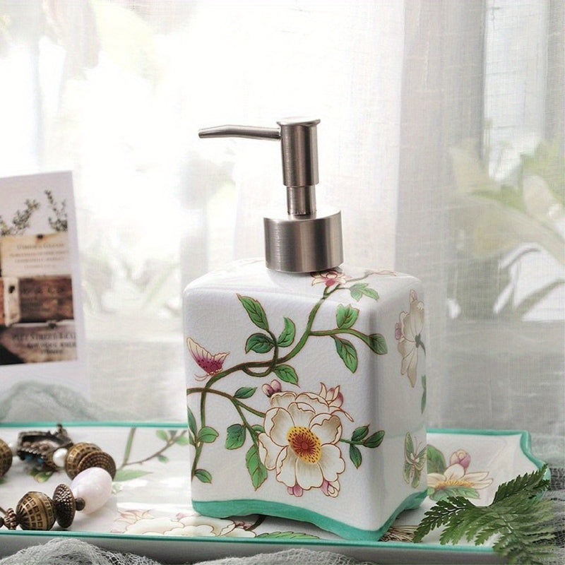 Dispensador de jabón vintage, práctico y recargable, estilo chino, contenedor de champú, porcelana floral, botella de jabón de cerámica antideslizante para el hogar