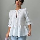 Blusa casual de gasa arrugada para mujeres - Blanco
