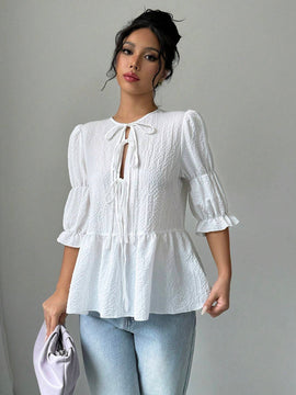 Blusa casual de gasa arrugada para mujeres - Blanco