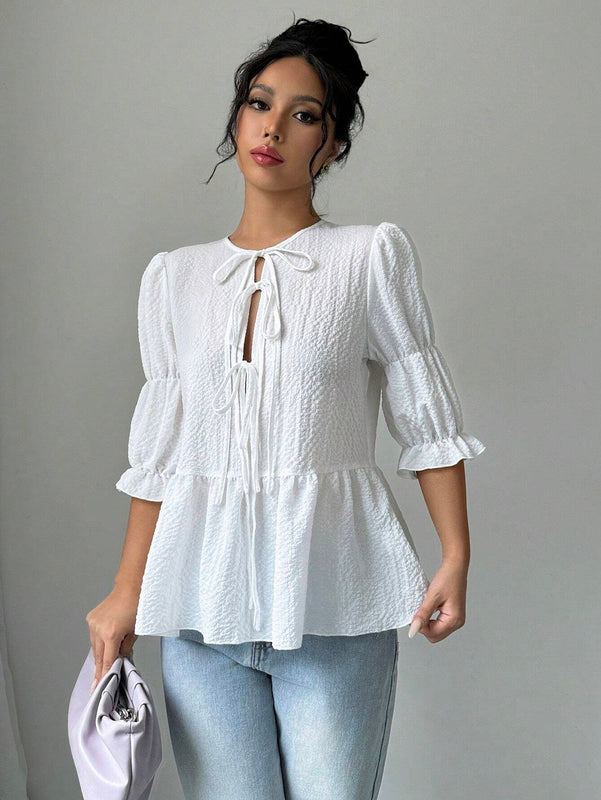Blusa casual de gasa arrugada para mujeres - Blanco