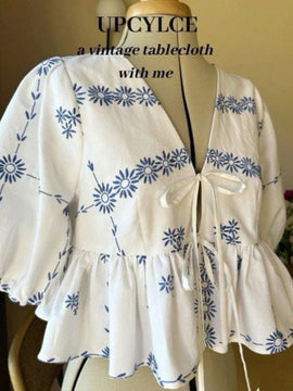 Blusa estampada con cuello en forma de corazon y mangas cortas con lazo delantero, para uso diario casual