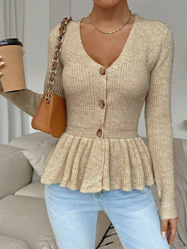 Frenchy cardigan casual de manga larga de un solo pecho con dobladillo con volantes, de color liso, para otono/invierno