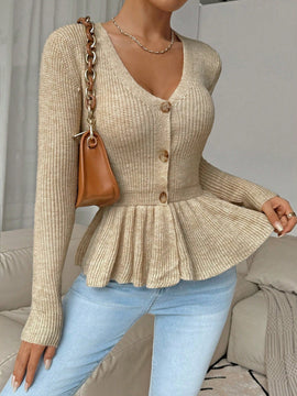 Frenchy cardigan casual de manga larga de un solo pecho con dobladillo con volantes, de color liso, para otono/invierno