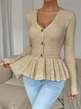 Frenchy cardigan casual de manga larga de un solo pecho con dobladillo con volantes, de color liso, para otono/invierno