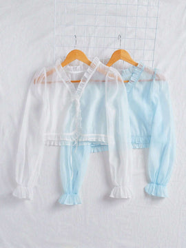 Blusa corta con mangas abullonadas con volantes, cierre delantero de lazo, sin camiseta interior, para otono, ropa de mujer de manga larga, camisa de mujer para otono, ropa de crucero, blusa de proteccion solar para mujer, 2 piezas