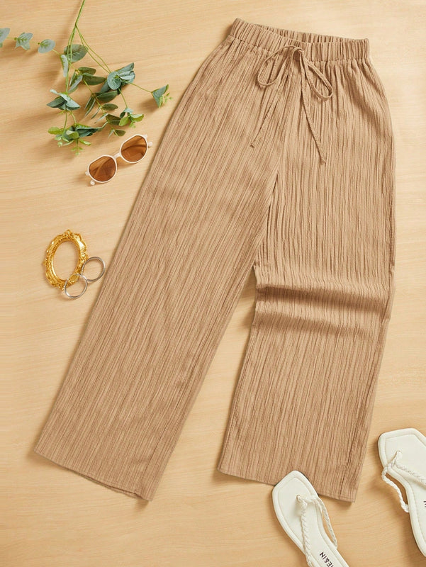 Essnce pantalones casuales de pernera ancha de 7/8 con textura y cintura anudada de unicolor para mujer