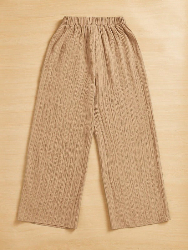 Essnce pantalones casuales de pernera ancha de 7/8 con textura y cintura anudada de unicolor para mujer