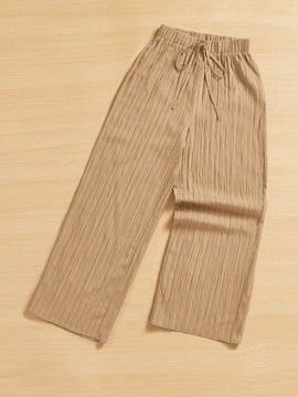 Essnce pantalones casuales de pernera ancha de 7/8 con textura y cintura anudada de unicolor para mujer