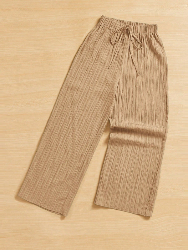 Essnce pantalones casuales de pernera ancha de 7/8 con textura y cintura anudada de unicolor para mujer
