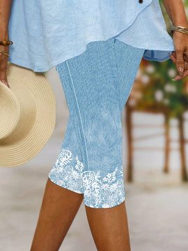 Ezwear pantalones capri casuales con efecto de mezclilla y estampado floral por encima de la rodilla para mujeres