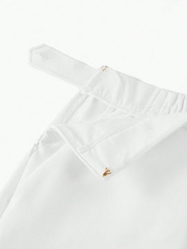 Motf premium pantalones de pierna ancha con bolsillo inclinado, detalle de boton y costuras frontales en color dorado solido
